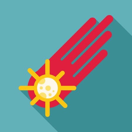 Bright yellow comet falling with long red tail icon in flat style on a blue backgroundのイラスト素材