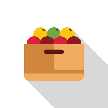 Cardboard box full of ripe apples casting a long shadow, perfect for projects related to harvest, agriculture, and healthy eatingのイラスト素材