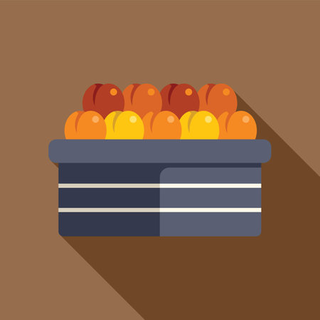 Flat design, vector illustration of fresh, ripe apricots and peaches spilling out of a basket at a local farmers marketのイラスト素材