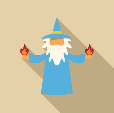 Blue wizard with long white beard holding fire in his hands, flat design with long shadowのイラスト素材