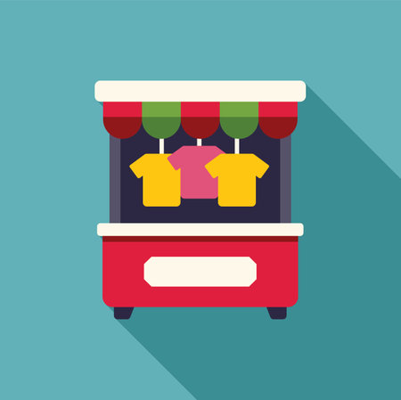 Illustration of a street market stall selling t shirts, perfect for projects related to commerce, shopping, and local marketsのイラスト素材