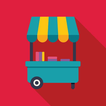 Mobile retail cart displaying products with striped awning for sale marketing with a long shadowのイラスト素材
