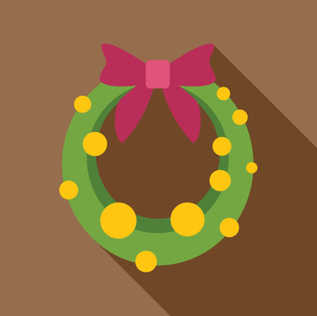 Christmas wreath with a red bow, decorated with golden christmas balls, hanging on a brown backgroundのイラスト素材