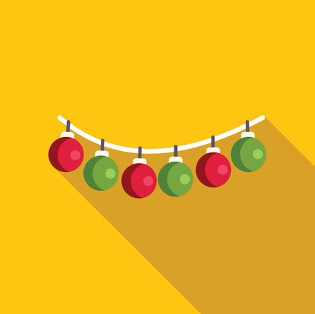 Christmas balls string hanging decoration element minimalist flat design illustration with long shadow on yellow backgroundのイラスト素材