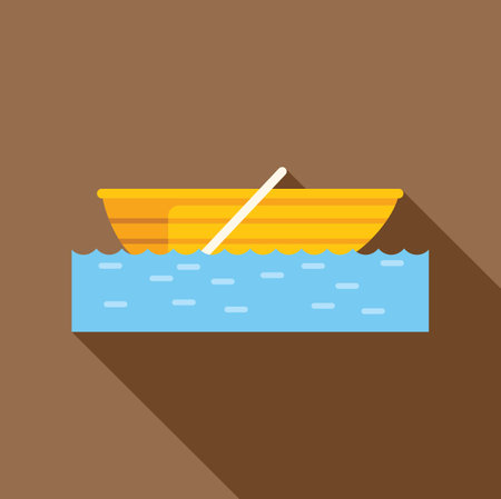Minimalist illustration of a small wooden boat floating on water, featuring a single oar and a long shadowのイラスト素材
