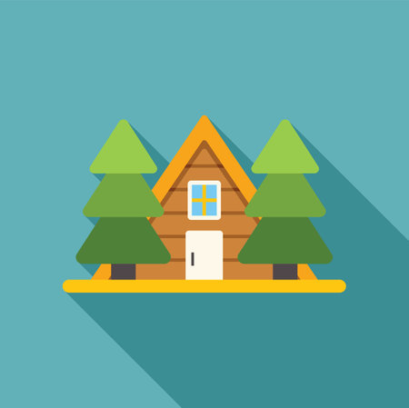 Minimalist illustration featuring a small wooden hut standing between two fir trees, representing the concept of simple living in natureのイラスト素材