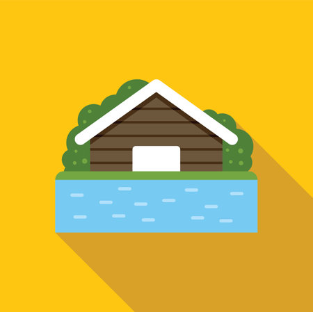 Minimalist vector illustration featuring a wooden boathouse situated on the bank of a tranquil lake, rendered in a flat design styleのイラスト素材