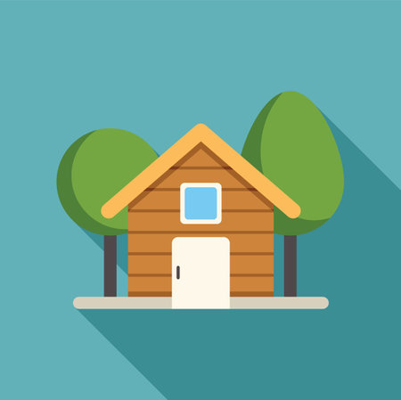 Simple vector illustration featuring a wooden house with trees, grass, and a long shadowのイラスト素材