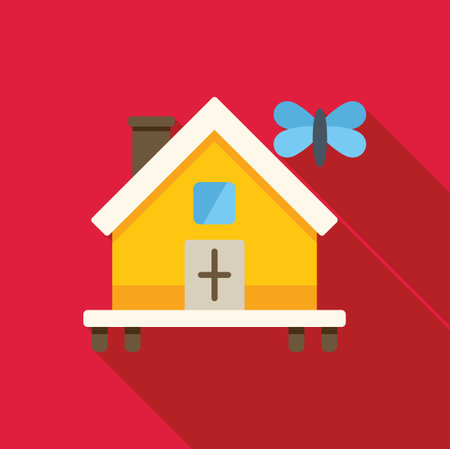 Minimalist illustration featuring a yellow countryside house standing on a red background with a blue butterflyのイラスト素材