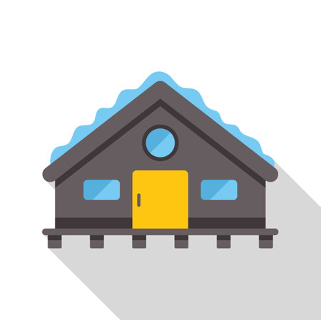 Small wooden house covered by snow with yellow door flat long shadow icon, vector illustrationのイラスト素材