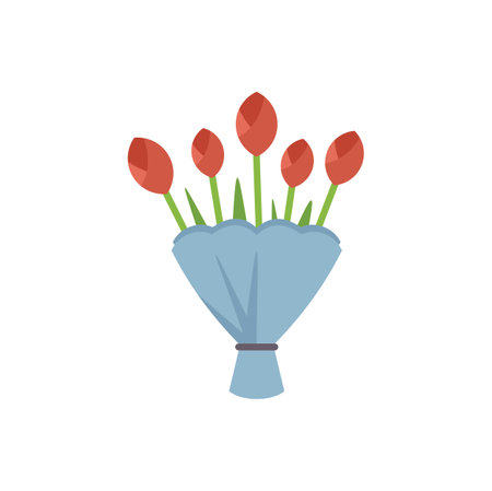 Bouquet of red tulips wrapped in blue paper tied with a black ribbon, a perfect gift for valentines day or mothers dayのイラスト素材