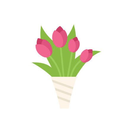 Simple cartoon style bouquet of pink tulips standing in a paper cone vaseのイラスト素材