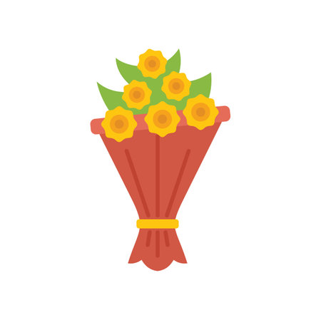 Cheerful bouquet of yellow flowers wrapped in red paper, tied with a golden ribbon, perfect for celebrating a special occasionのイラスト素材
