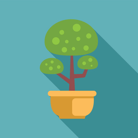 Small tree is growing in a yellow pot, casting a long shadow on a blue backgroundのイラスト素材