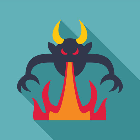 Cartoon devil monster breathing a column of fire with a long shadowのイラスト素材