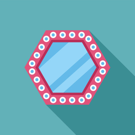 Pink hexagon mirror with light bulbs reflecting light blue surface, makeup mirror conceptのイラスト素材