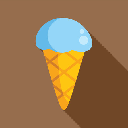 Minimalist vector illustration featuring a blue ice cream scoop melting in a waffle cone, simple colors and long shadowのイラスト素材