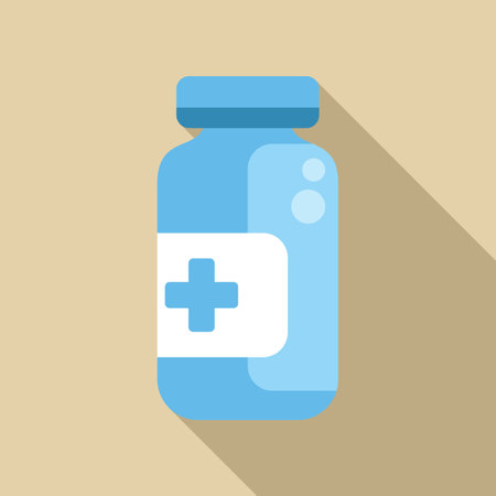 Simple and minimal representation of a blue medical bottle showing a white cross sign with long shadow on a beige backgroundのイラスト素材