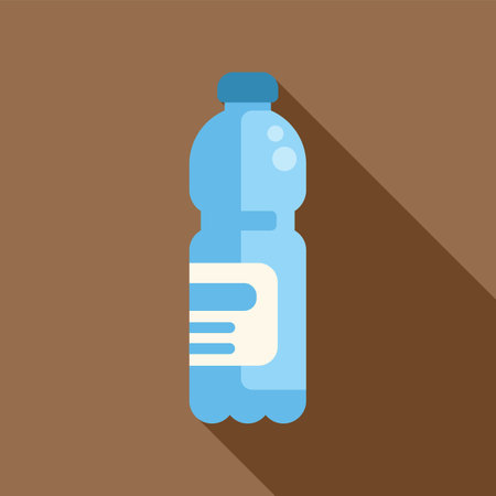 Blue plastic water bottle with blank label casting a shadow on a brown backgroundのイラスト素材