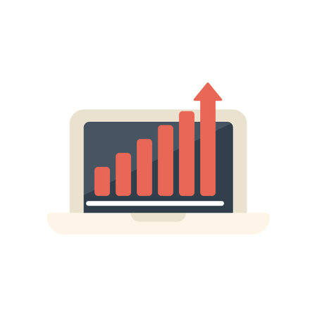 Laptop is showing positive results with a growing bar chart and a red arrow pointing upのイラスト素材