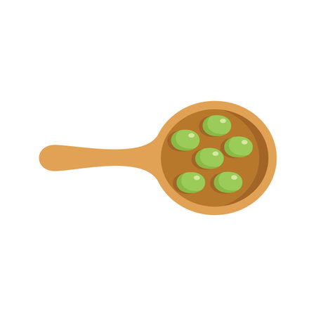 Wooden spoon is holding green peas, shot from above, in a minimalist and colorful styleのイラスト素材