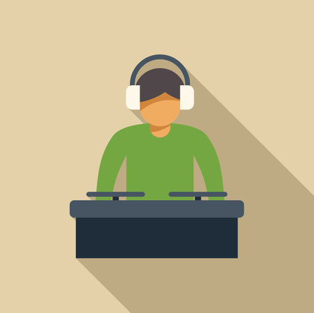 Male disc jockey wearing headphones is playing music on turntablesのイラスト素材