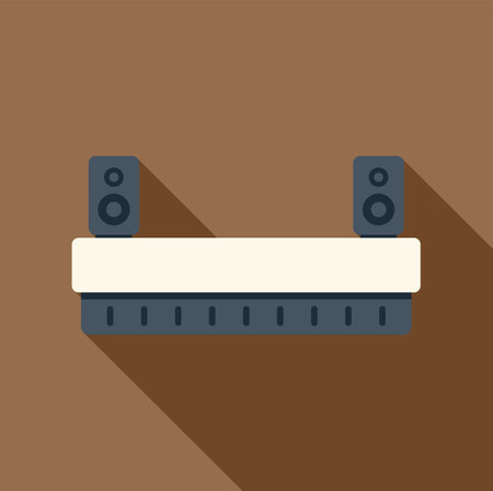 Soundbar standing on shelf with two surround sound speakers icon in flat style on a brown backgroundのイラスト素材