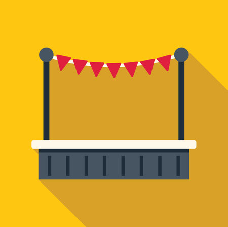 Empty wooden market stall with red flags hanging on a yellow background, ideal for marketplace and outdoor retail related designsのイラスト素材