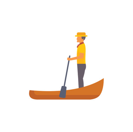 Gondolier standing and using a paddle to row a gondola boat on the canals of venice, italyのイラスト素材