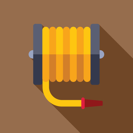 Yellow garden hose lying on brown background casting a long shadow, in a flat design styleのイラスト素材