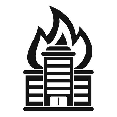 Simple black and white vector icon of a multistory building completely engulfed in flamesのイラスト素材