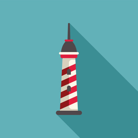 Red and white striped lighthouse casting long shadow on turquoise background, flat design illustrationのイラスト素材