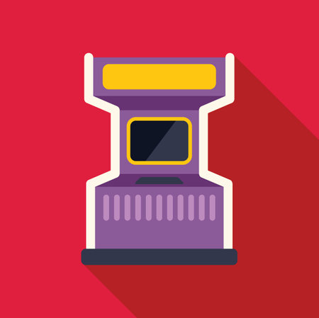 Purple arcade game console with a blank yellow sign at the top standing on a red backgroundのイラスト素材