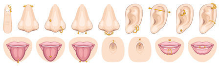 Piercing icons set. Set of realistic illustrations showing various types of piercings on different body partsのイラスト素材
