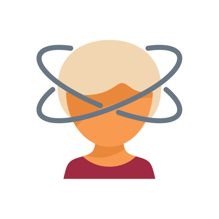 Dizziness symptom is illustrated with young woman and spinning circles around her headのイラスト素材