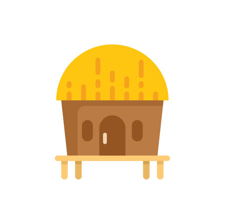 Simple vector illustration representing a small tropical hut standing on wooden stilts with a yellow roof, isolated on white backgroundのイラスト素材