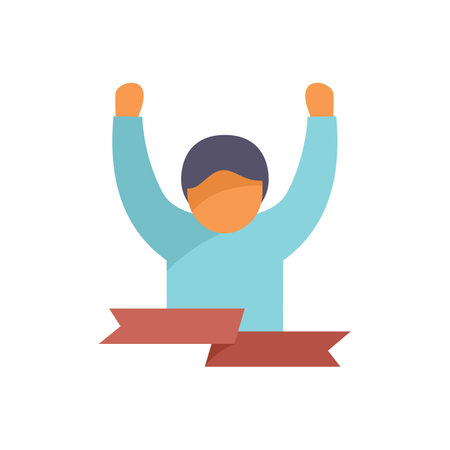 Happy person celebrating with ribbon banner, a happy person is raising their arms in celebration with a ribbon banner below themのイラスト素材