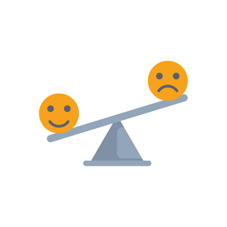 This vector illustration shows a seesaw balancing a happy face with a sad face, symbolizing the importance of positivityのイラスト素材