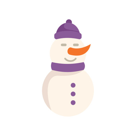Cartoon snowman with a purple hat and scarf is smiling peacefullyのイラスト素材