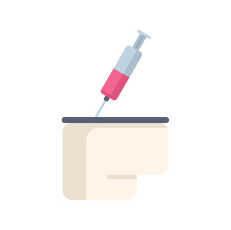 Syringe injecting a pink liquid into a human head, a concept for medical treatment or drug addictionのイラスト素材
