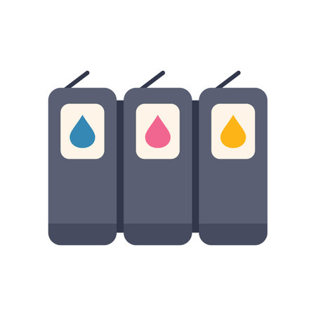 Three ink cartridges with drops of cyan, magenta and yellow ink are standing in a rowのイラスト素材