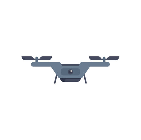 Modern blue drone is hovering with its camera ready to take photos or videosのイラスト素材