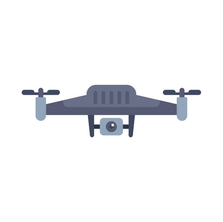 Modern grey drone flying with camera taking photos and videos, flat vector illustration isolated on white backgroundのイラスト素材