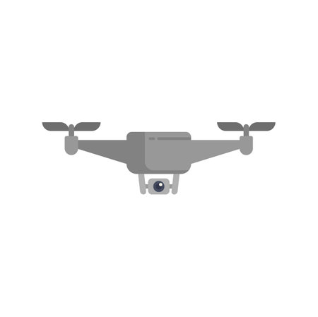 Grey quadcopter drone with camera is hovering, capturing photos and videos from the skyのイラスト素材