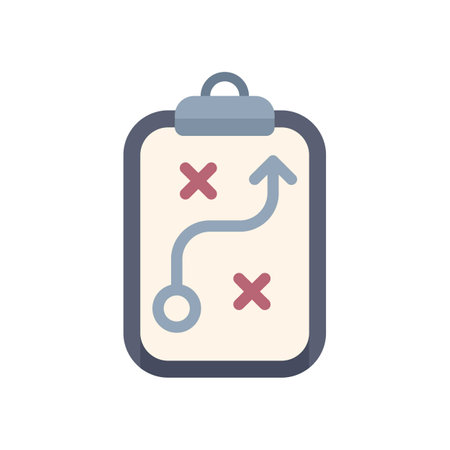 Clipboard is showing strategic planning with arrows representing different paths and checkpoints marked with xsのイラスト素材