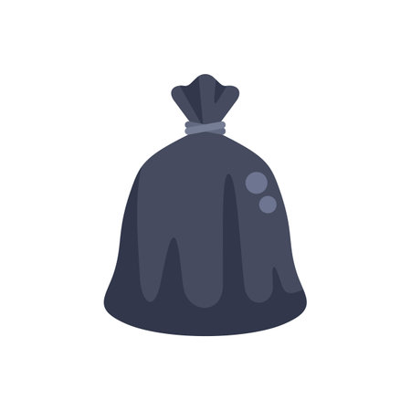 Full black trash bag is lying on the floor, tied with a rope, suggesting a need for waste disposalのイラスト素材