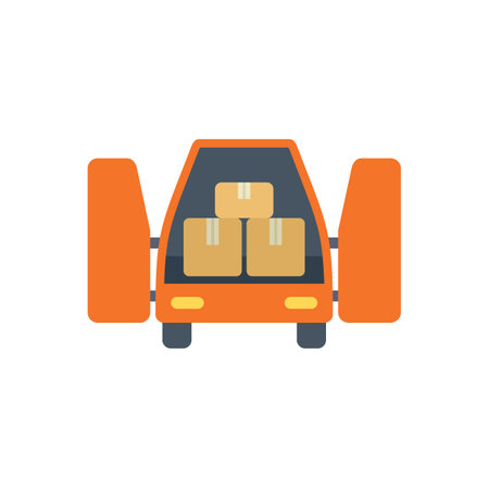 Orange delivery truck with open doors is unloading packagesのイラスト素材