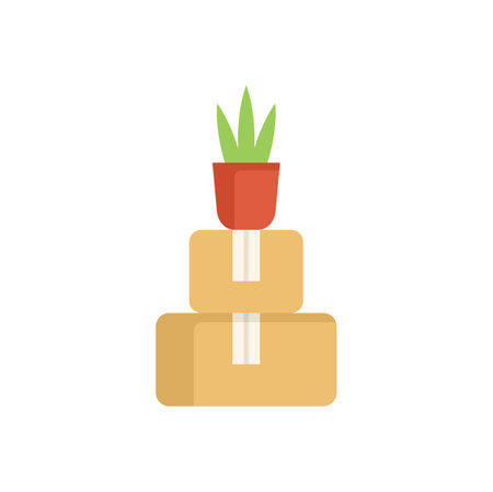 Illustration of a green plant standing on two cardboard boxes, perfect for moving or delivery conceptsのイラスト素材