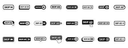 Skip ad icons set. Different skip ad buttons allowing users to bypass promotional contentのイラスト素材