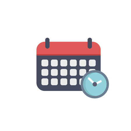 Calendar is displaying the month with a clock showing the current timeのイラスト素材